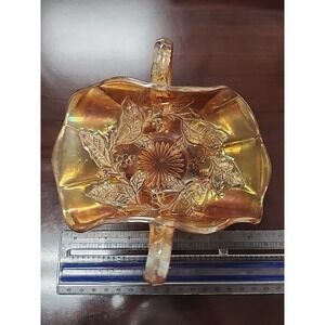 VTG Iridescent Marigold Carnival Glass Jeannette Hex Optic Honeycomb BonBon Bowl